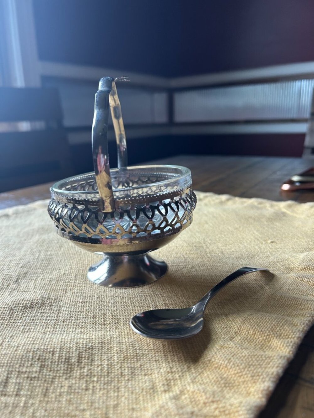 Vintage Silver Sugar Bowl with Spoon or Condiment dish w ornate metal basket - Picture 5 of 7